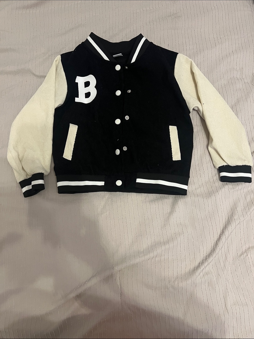 Kids Black and Cream Varsity Jacket with 'B' Patch